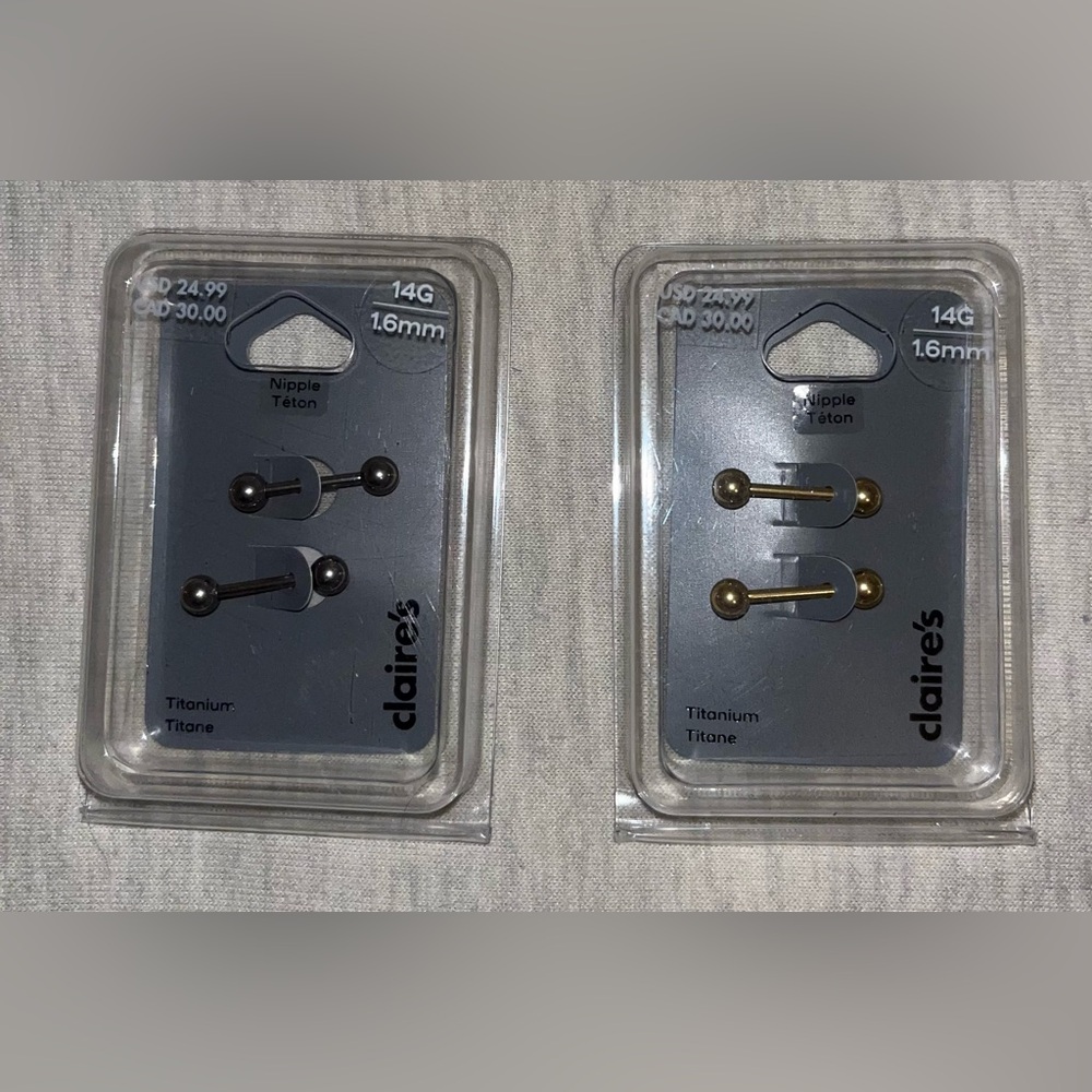 New in Package Silver-tone & Gold-tone Titanium 14G Nipple Bars - 2 Pack‎ - Picture 2 of 5
